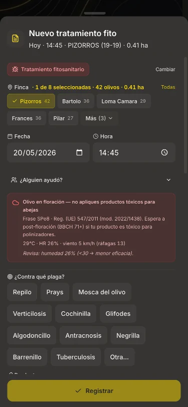 Registro de tratamiento fitosanitario con aviso legal automático de floración del olivo